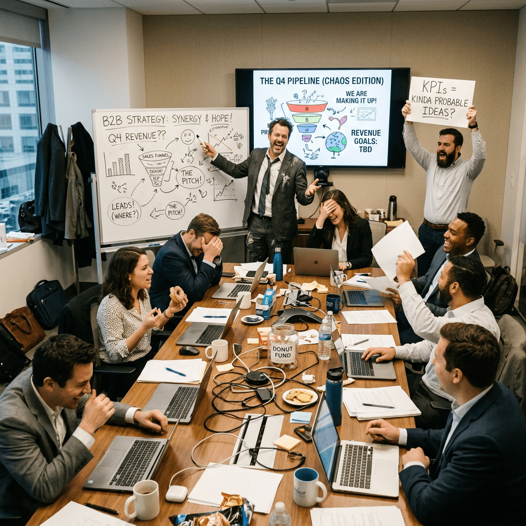 Team having a humorous, chaotic discussion about Q4 strategy in a conference room